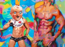 Gay Male Art paintings "Baby Big Cocks” by San Francisco gay artist Donald Rizzo from the series Maskamorphic exploring the psychology of wearing Masks 