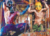 Gay Male Art paintings "Banching a Bitter Tart”, by Donald Rizzo from the series "Maskamorphic" exploring the psychology of wearing Masks.