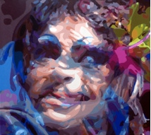 Gretchen a mental health portrait by San Francisco artist Donald Rizzo. Abstract verism in kaleidoscopic visions of vibrant colors.