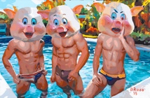 Gay Male Art  paintings “Here Piggy Piggy”, by San Francisco gay artist Donald Rizzo from the series "Maskamorphic" exploring the psychology of wearing Masks.