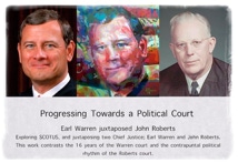 Abstract Realism Juxtaposed paintings "Progressing Towards a Political Court" Earl Warren juxtaposed John Roberts by San Francisco artist Donald Rizzo